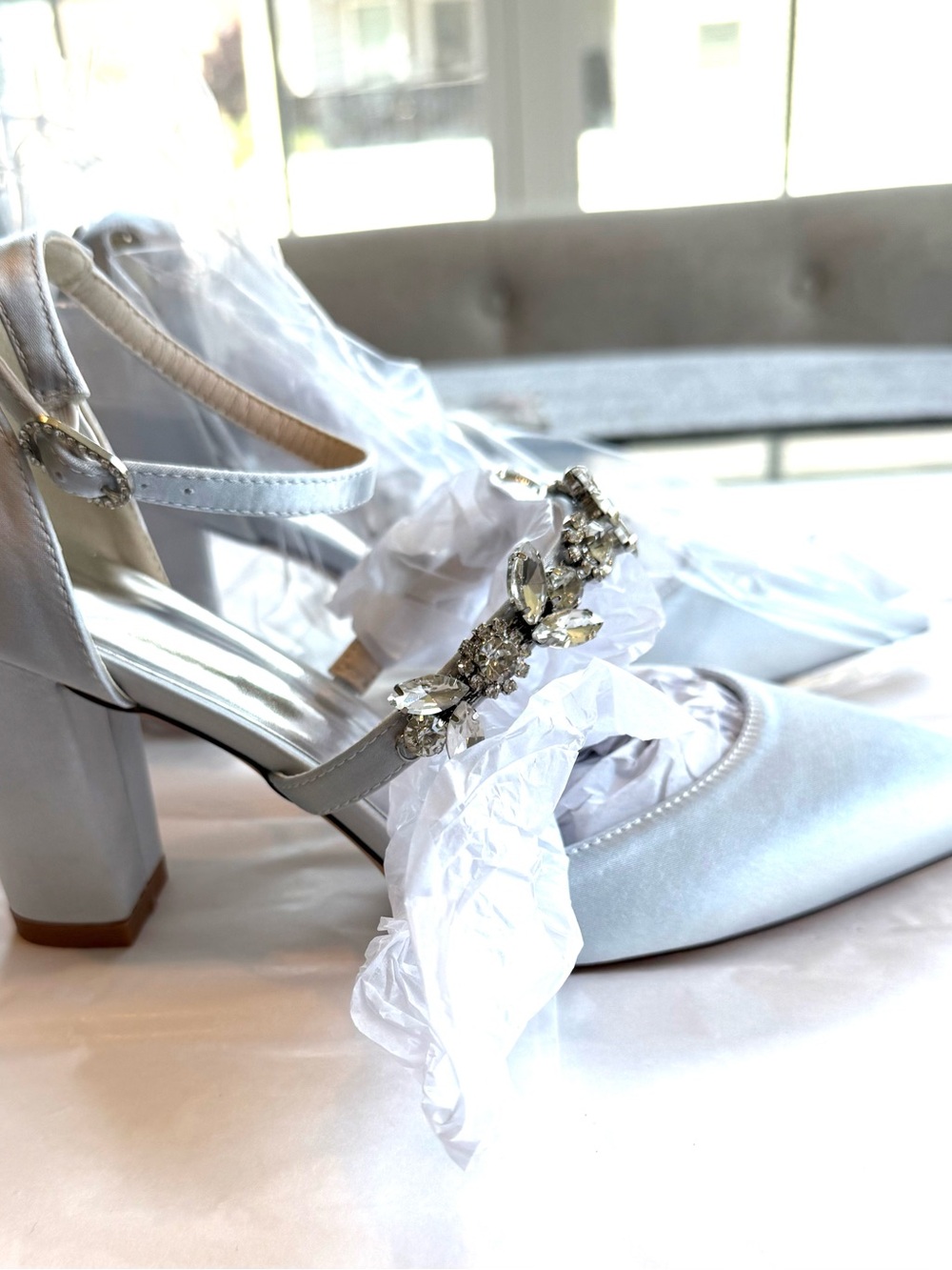 Elegant White Satin Block Heel Bridal Shoes with Crystal Strap size 38